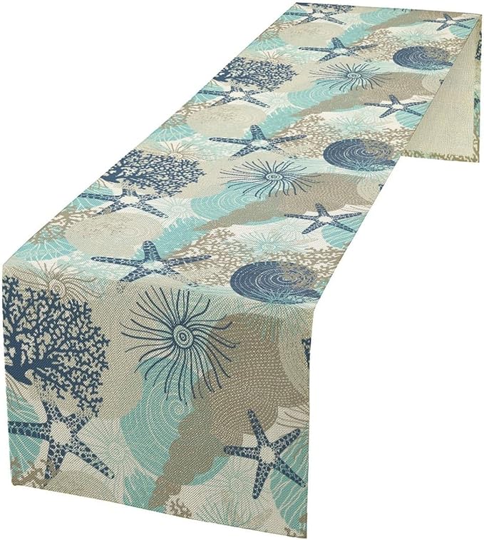 Marine Life Table Runner, Sea Underwater World Ocean Creature Table Runner for Dining Kitchen Party Holidays Home 13x60in