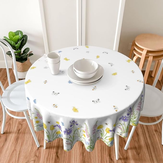 Spring Easter Round Tablecloth 60 Inch, Bunny Colorful Flower Butterfly Decorative Tablecloths Stain Resistance Polyester Rabbit Floral Table Cloth for Holiday Parties Kitchen Dining