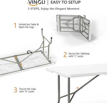 VINGLI 6 Foot Plastic Folding Table Portable Long Table for Indoor Outdoor Use Rectangular with Carrying Handle, Smooth HDPE Tabletop, White