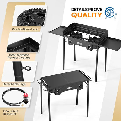 ROVSUN 2 Burner Outdoor Camping Stove with Wind Panel & Shelves, Heavy Sturdy Propane Burner, Gas Cooker with Detachable Legs & CSA Regulator for Home Camp Paito Cooking Frying Canning