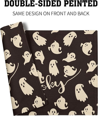 Giwawa Halloween Placemats Set of 4, 12x18 Inch Spooky Gothic Ghosts Black Place Mat for Kitchen Dining, Holiday Double Sided Heat Resistant Table Mats for Tabletop Party Indoor Outdoor Decor