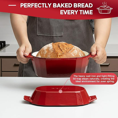 Enameled Cast Iron Dutch Oven for Bread Baking – 3QT Oval Round Heavy Duty Bread Pan with Lid, Non-Stick Ceramic Coating,Loaf Cast Iron Bread Oven for Sourdough, Baking, Roasting, Braising, Stovetop & Oven Safe