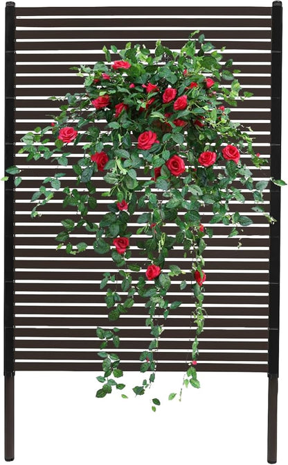 Outdoor Freestanding Privacy Screen, 43" W x 59" H Metal Slatted Decorative Panel With Stand, Brown Backyard Screen for Garden Patio
