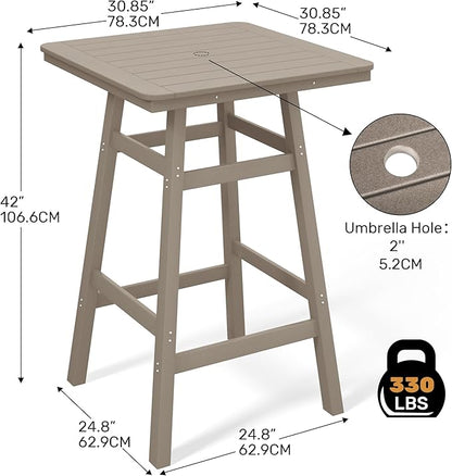 Costaelm Outdoor Bar Table, 42" Counter Height Square Patio Cocktail Bar Table with Umbrella Hole, Patio Bistro Dining Pub Table for Front Porch Deck Backyard Garden, Weathered Wood