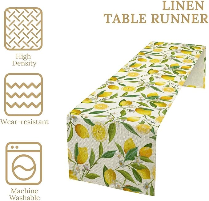 Lemon Table Runner, Summer Fruits Green Leaves Flower Plant Table Runner for Farmhouse Coffee Home Kitchen Dining Party Outdoor 13x108in