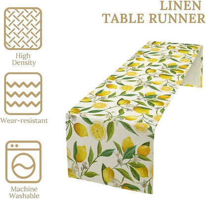 Lemon Table Runner, Summer Fruits Green Leaves Flower Plant Table Runner for Farmhouse Coffee Home Kitchen Dining Party Outdoor 13x90in