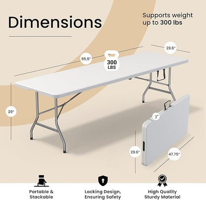 8 Feet Foldable Table with Built in Handle & Steel Legs | Heavy Duty Portable | Perfect for Party, Dining, Wedding, Events, Picnic Indoor, Outdoor, Camping, Utility, Temporary