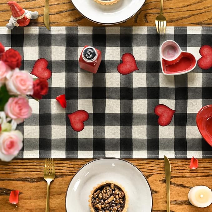 Artoid Mode Watercolor Buffalo Plaid Hearts Gnomes Love Valentine's Day Table Runner, Seasonal Anniversary Wedding Holiday Kitchen Dining Table Decoration for Indoor Outdoor Home Decor 13 x 90 Inch