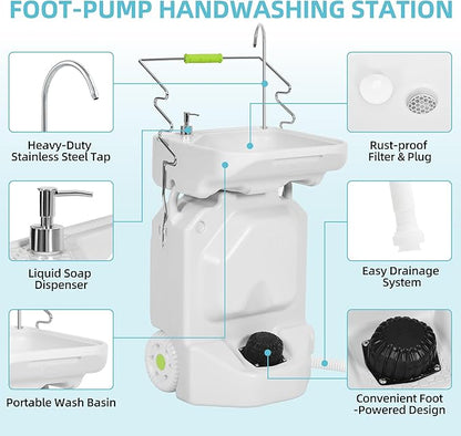 YITAMOTOR 38L Portable Camping Sink, Portable Hand Washing Station with Adjustable Wash Basin, Large Wheels, Foot Pump, Towel Holder Soap Dispenser for Outdoors, Garden, Camping, Worksites, Camping