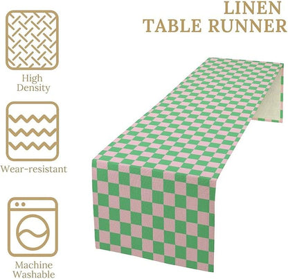 Retro Checkered Table Runner, Cute Pink Green Checkerboard Vintage Hippie Modern Aesthetic Table Runner for Party Kitchen Dining Home Outdoor Banquet 13x108in