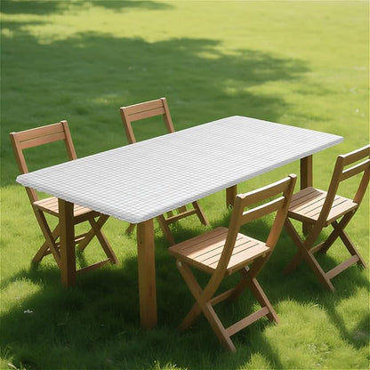 Rectangle Table Cloth Cover Waterproof Elastic Fitted Polyester Fitted Tablecloths for 6 Foot Tables for Indoor,Picnic, Camping, Outdoor （60" x 30"，White Grid）