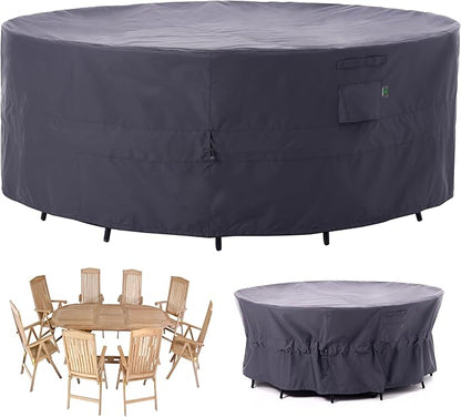 F&J Outdoors Patio Furniture Covers, Heavy Duty Tear Resistant Waterproof UV Resistant Windproof Large Furniture Cover, Grey, 110" Dia x 33" H