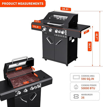 4 Burners Propane Gas Grill with Visual Glass, 50000 BTU Outdoor BBQ Propane Grill with Side Burner, Heighter, Double-Layer Lid, Stainless Steel Grids and Observing Changes in Food for Perfect BBQ