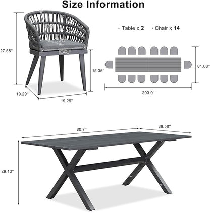PURPLE LEAF 16 Pieces Outdoor Dining Set All-Weather PE Rattan Outdoor Patio Furniture Set with All Aluminum Frame Rectangular Table and Chairs Set for Lawn Garden Backyard Deck, Grey
