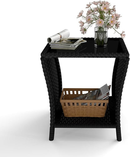 kinbor Small Outdoor Table - Tempered Glass Top Small Outdoor Wicker Side Table with Storage Shelf for Patio, Balcony & Porch, Durable PE Rattan & Iron Frame