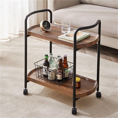 Rolling Cart with Table Top, Double Layer Bar Cart, Small Tea Cart with Wheels, Wooden Serving Carts for Hotels, Restaurants, and Homes