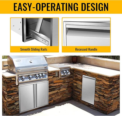 Pull Out Trash Drawer, Lower Sliding Rails Stainless Steel Roll Out Trash Bin Pull Out Tray With Handle For Outdoor Kitchen BBQ Island Grill Station,Trash Drawer