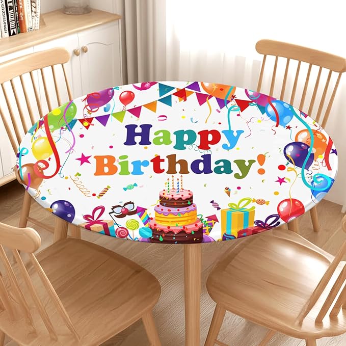 Birthday Round Fitted Tablecloth with Elastic Colorful Happy Birthday Party Circle Table Cover for 48-52" Round Tables Wipeable Waterproof Cake Balloons Gifts Table Cloth for Picnic Dining Patio Decor