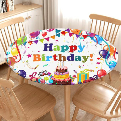 Birthday Round Fitted Tablecloth with Elastic Colorful Happy Birthday Party Circle Table Cover for 48-52" Round Tables Wipeable Waterproof Cake Balloons Gifts Table Cloth for Picnic Dining Patio Decor