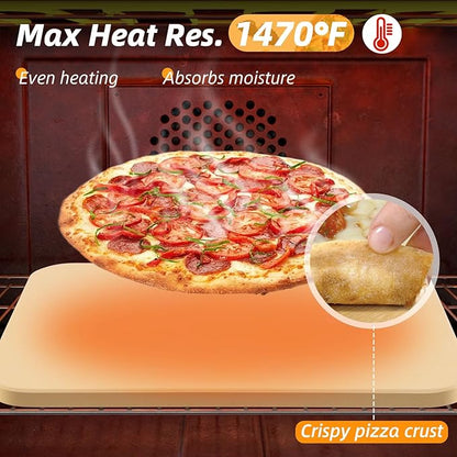 Pizza Stone 5 PCS Set, 15 x 12" Large Rectangle Pizza Stone Set for Oven and Grill with Metal Pizza Peels & Cutter Rocker, 0.6'' Thickened Stone Pizza Pan, Baking Stone for Pizza, Bread