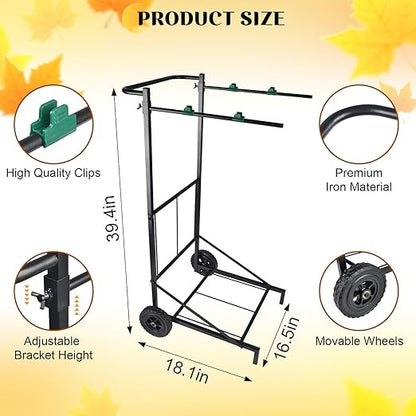 Trash Bag Holder with Wheels, Adjustable Metal Leaf Bag Holder with 4 Clips, Heavy Duty Outdoor Mobile Garbage Bags Cart, Lawn Garbage Bag Stand Holds 35-45 Gallon for Lawn Leaves, Camping, Weeding