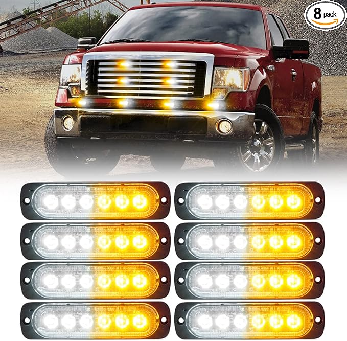 Xprite 8PCS LED Emergency Strobe Lights, Amber White 12-LED Surface Mount Flashing Strobe Lights, Sync Feature Ultra Slim Grill Light for Off-Road Vehicles ATV SUV Trucks Cars
