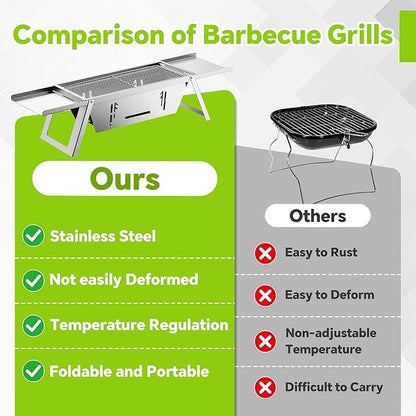 Foldable Small Charcoal Grill, Portable Stainless Steel Charcoal Grill, Tabletop Yakitori Grill for Outdoor Cooking, Travel Camping, BBQ, Tailgating, Picnics, High-Temp Resistant for 2-3 People