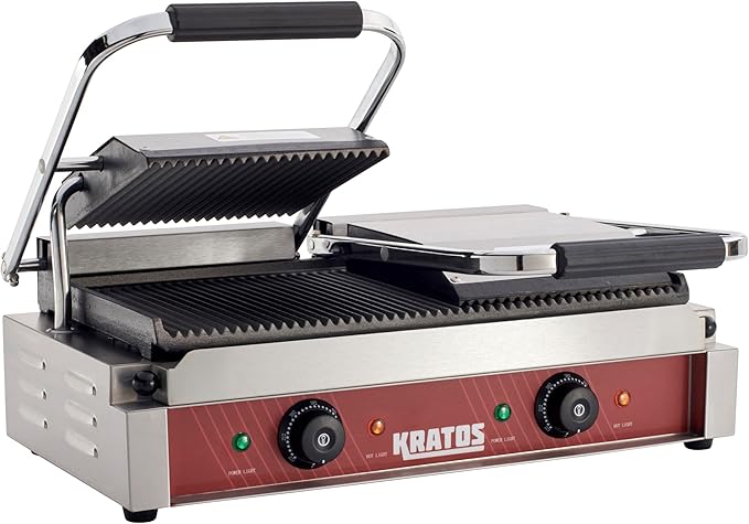Kratos Commercial Electric Panini Sandwich Grill with Grooved Plates, 18.7" x 9" Cooking Surface, Commercial Countertop Panini Press, 120V, 3500W (29Y-023)