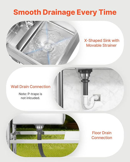 VEVOR Stainless Steel Utility Sink, Free Standing Single Bowl Commercial Kitchen Sink with Faucet and Hot & Cold Water Pipe, Dual Storage Shelves for Garage, Restaurant, Laundry, 47.2 x 19.7 x 37 in