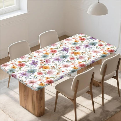 Rectangle Table Cloth Cover Waterproof Elastic Fitted Polyester Fitted Tablecloths for 6 Foot Tables for Indoor,Picnic, Camping, Outdoor （60" x 30"，Flower）