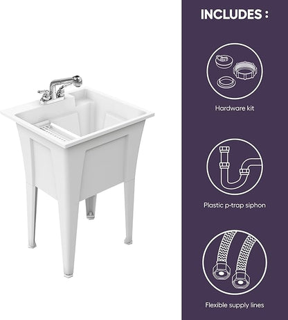 Freestanding Utility Sink with Two Handle Chrome Faucet - 24" Plastic Utility Sink for Garage, Laundry, Indoor and Oudoor Use - Laundry Tub Kit by Noah William Home - White (19.5 gal)