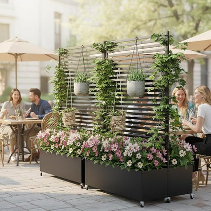 Double Metal Planter Box with Trellis Privacy Screen, Raised Garden Bed with Trellis & Wheels, Planter Box Outdoor with Drainage Holes for Climbing Plants, Vegetable, Vines,73"x 47"x 30", Black