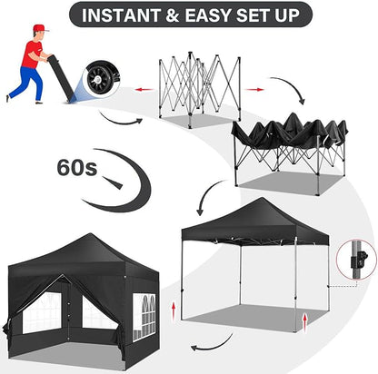 COBIZI 10x10 Pop Up Canopy Tent 10x10 Canopy with 4 Sidewalls Waterproof Heavy Duty Commercial Canopy Tent for Parties Outdoor Garden Gazebo, Carry Bag with Wheel(10x10ft, Black)
