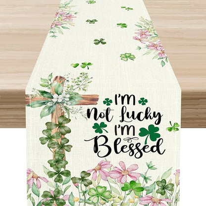 Cross Clover Table Runner,Rustic Beige Pink Floral Green Shamrock St.Patrick's Day Table Center Decor for Home Kitchen Dining Patio Holiday Party Indoor Decorations, 13"x72"