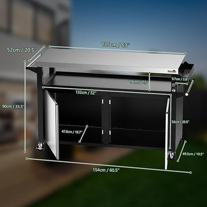 Stanbroil Rolling Outdoor Kitchen Island, BBQ Grill Cart with Stainless Steel Table Top, Double-Door Storage Cabinet & Pull-Out Shelf, Grill Table Cart for Outdoor Indoor, Large