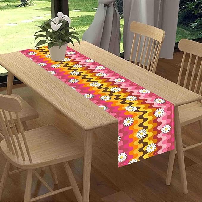70s Table Runner, Retro Groovy Hippie Daisy Floral Pink Yellow Wave Funky Trippy Coffee Table Center Decor for Home Kitchen Dining Patio Holiday Party Indoor Outdoor Table Decorations, 13"x90" Inch
