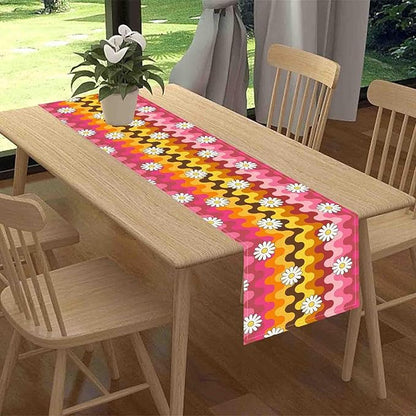 70s Table Runner, Retro Groovy Hippie Daisy Floral Pink Yellow Wave Funky Trippy Coffee Table Center Decor for Home Kitchen Dining Patio Holiday Party Indoor Outdoor Table Decorations, 13"x72" Inch