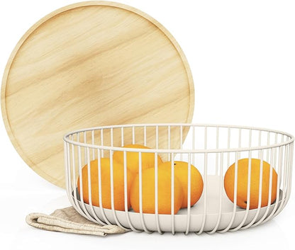Fruit Basket for Kitchen - Multi-Purpose Stackable Basket with Wooden Lid - Powder Coated Metal and Rubber Wood - Wire Baskets for Organizing - Minimal Design - 4.5x11.4x11.4 - Warm Gray