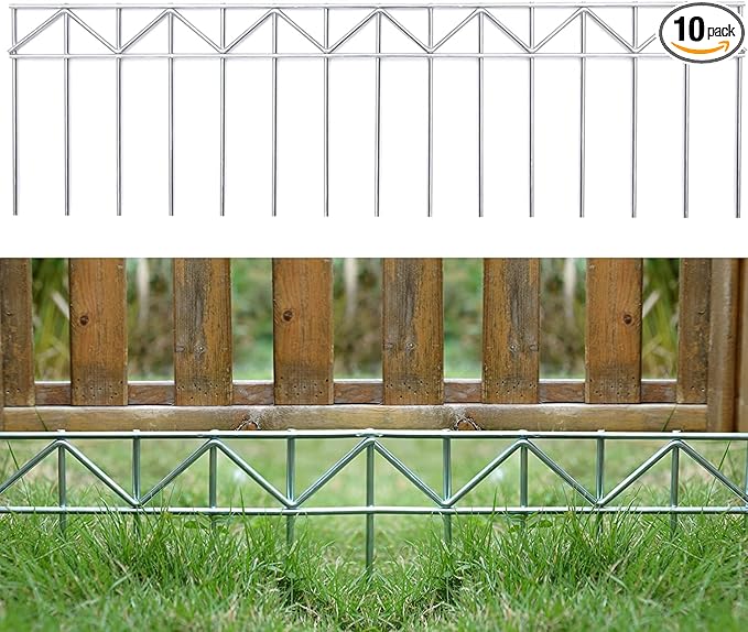 10 Pack 32" L x 10" H Animal Barrier Fence, No Dig Fence Patented Product, 5.5mm Galvanized Stakes with 2.1" Spacing, Anti Digging for Dogs Outdoor Yard Patio, Total 26.6Ft(L) X 10in(H) Silver
