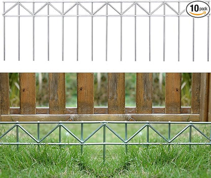 10 Pack 32" L x 10" H Animal Barrier Fence, No Dig Fence Patented Product, 5.5mm Galvanized Stakes with 2.1" Spacing, Anti Digging for Dogs Outdoor Yard Patio, Total 26.6Ft(L) X 10in(H) Silver