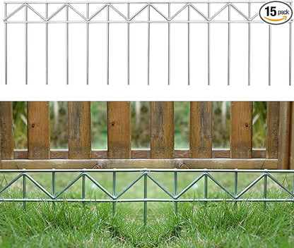 15 Pack 32" L x 10" H Animal Barrier Fence, No Dig Fence Patented Product, 5.5mm Galvanized Stakes with 2.1" Spacing, Anti Digging for Dogs Outdoor Yard Patio, Total 40Ft(L) X 10in(H) Silver