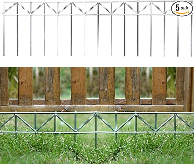 5 Pack 32" L x 10" H Animal Barrier Fence, No Dig Fence Patented Product, 5.5mm Galvanized Stakes with 2.1" Spacing, Anti Digging for Dogs Outdoor Yard Patio, Total 13.3Ft(L) X 10in(H) Silver