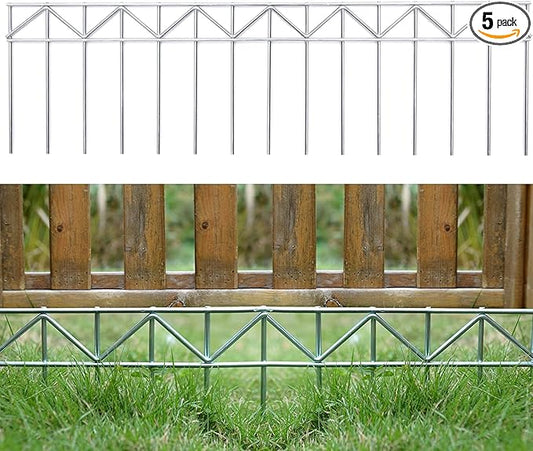 5 Pack 32" L x 10" H Animal Barrier Fence, No Dig Fence Patented Product, 5.5mm Galvanized Stakes with 2.1" Spacing, Anti Digging for Dogs Outdoor Yard Patio, Total 13.3Ft(L) X 10in(H) Silver