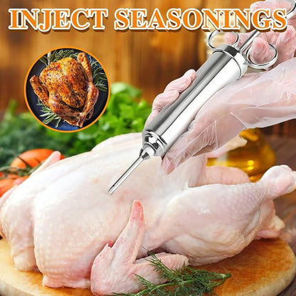 304-Stainless Steel Meat Injector Syringe Kit with 3 Marinade Needles for BBQ Grill Smoker, Turkey, Beef, Brisket, Fish, 2-oz Large Capacity, Silicone Brush and Cleaning Brush