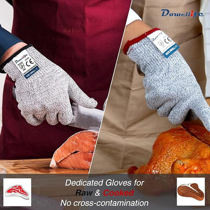 Dowellife Cut Resistant Gloves Food Grade Level 5 Protection, Safety Kitchen Cuts Gloves for Oyster Shucking, Fish Fillet Processing, Mandolin Slicing, Meat Cutting and Wood Carving. (Medium-2 Pairs)