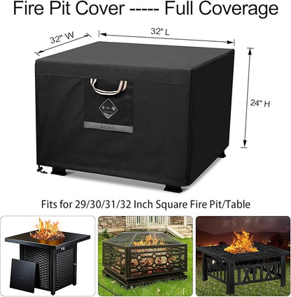 QH.HOME Fire Pit Cover Square Heavy Duty Fabric 100% Waterproof, Fits Outdoor for 29”,30 inch,31 inch,32 inch Fire Pit/Table Cover,Gas Fire Pit Cover (32”L x 32”W x 24”H,Black)