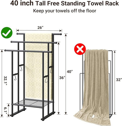 ELYKEN 3 Tier Standing Towel Rack, 40'' Tall Towel Drying Rack Outdoor, Freestanding Floor Towel Rack with Shelf, Pool Towel Blanket Stand, Metal Towel Racks for Bathroom freestanding, Matte Black