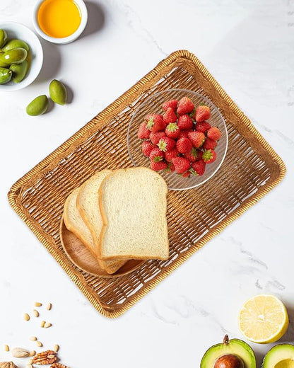 Woven Bread Basket, 3 Pack Wicker Fruit Baskets Rattan Bread Basket Poly Wicker Bread Baskets With Handles For Food Serving, Display, Vegetables, Home Kitchen, Restaurant, Outdoor (Rectangle set)