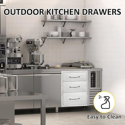 Outdoor Kitchen Drawers 14" W x 21"H x 21"D Stainless Steel Drawer Flush Mount Triple BBQ Drawers with Chrome Handle for Outdoor Kitchen Island, Patio Grill Station