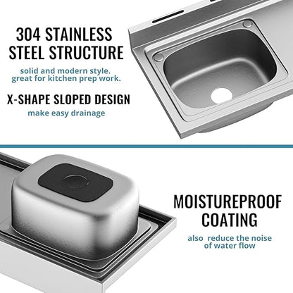 Stainless Steel Sink, Free Standing Kitchen Sink with Countertop Workstation, Utility Sinks Single Bowl with Cold and Hot Water Pipe Indoor Outdoor (47 Inch)